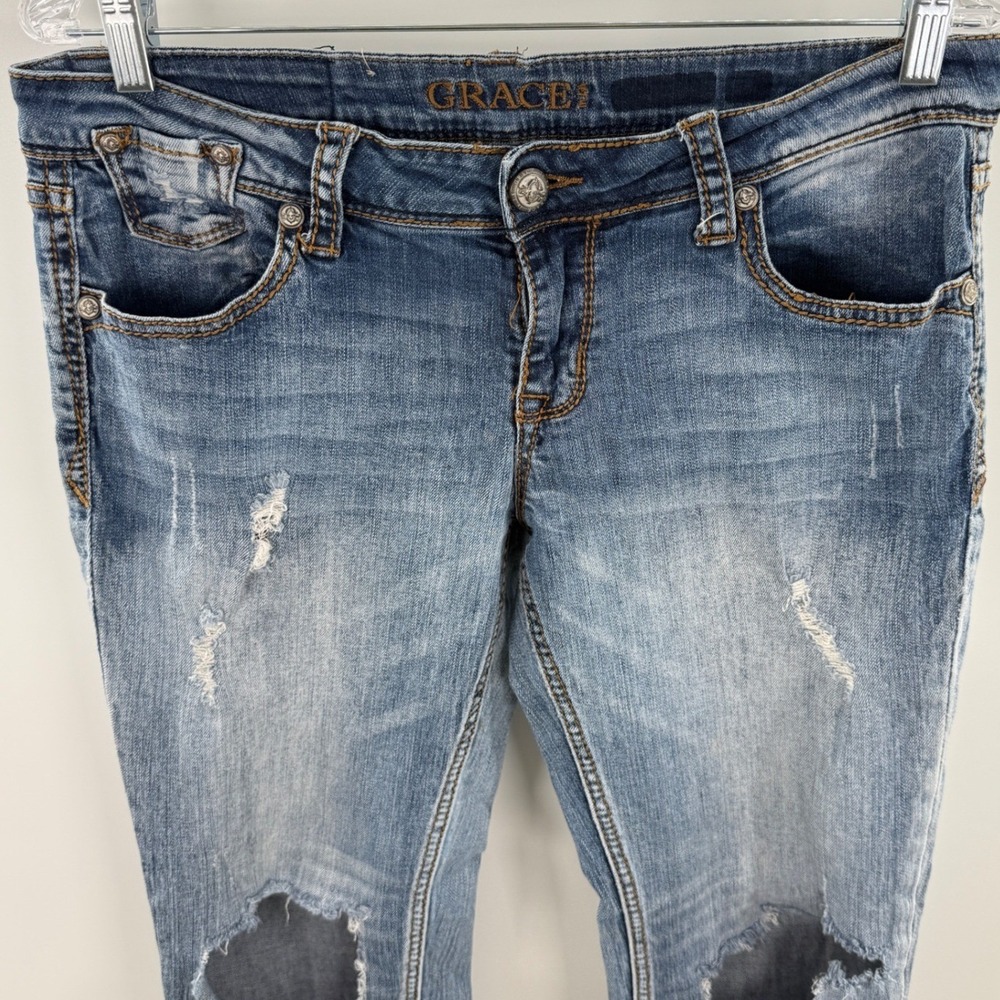 Grace in LA Blue Distressed Jeans Size 31 Straight Leg Denim Ripped Knees Chic
